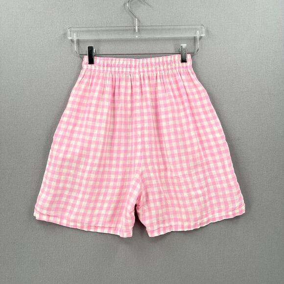 FRANKIES BIKINIS Lou Gingham Shorts Women Medium Pink Linen Drawstring High Rise - Picture 6 of 16